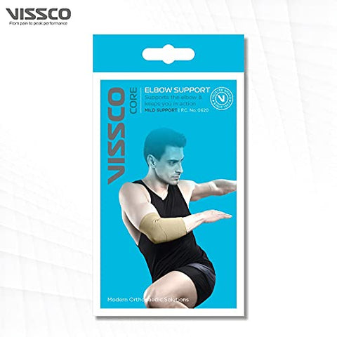 Image of Vissco Elbow Support Relief Belt for Elbow Joint Pain, Sport Injuries, Tennis Elbow, Joint Sprain & Strain For Men & Women | Elbow Support for Gym | Sleeves for Cricket, Volleyball - Medium (Beige)