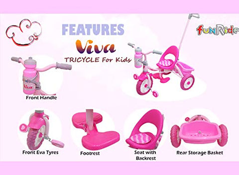 Image of Fun Ride Tricycle for Kids 2-in-1 Viva Deluxe Tri-Cycle with Sipper, Removable Parental Control Handle -Perfect Trikes for Boys and Girls 1 -4 Years -Weight -Up to 25 Kg (Pink)
