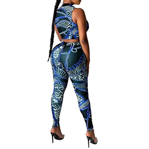 Image of 2 Piece Club Sets for Women Summer - Front Zipper Printed Sleevess Crop Tops High Waisted Skinny Bodycon Pants Suit Sports Tracksuit Clubwear A Blue XL
