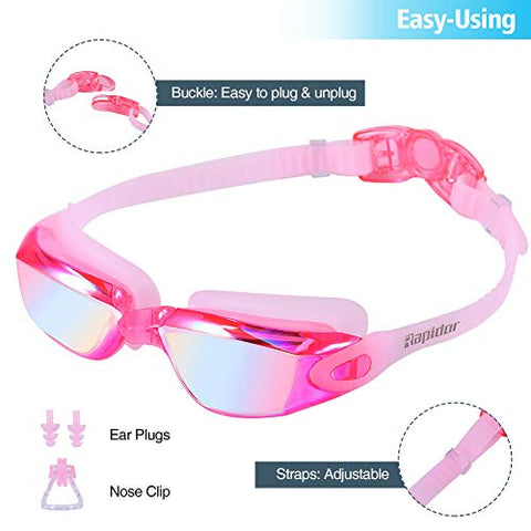Image of Rapidor Swim Goggle for Men Women Teens, Anti-Fog UV-Protection Leak-Proof, RP905 Series Multiple Choices (Pink- Mirrored Lenses)