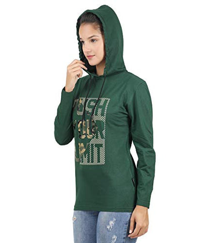 Image of TEES PARK Women's Hooded Printed Full Sleeve Tshirt (Forest Green, X-Large)