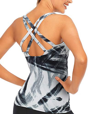 Image of Workout-Clothes-Yoga-Tank-Tops-for-Women-with Built in Bra-Activewear-Athletic-Tennis Sports Exercise Shirts Racerback Compression Fitness Criss Cross Back Siberia S