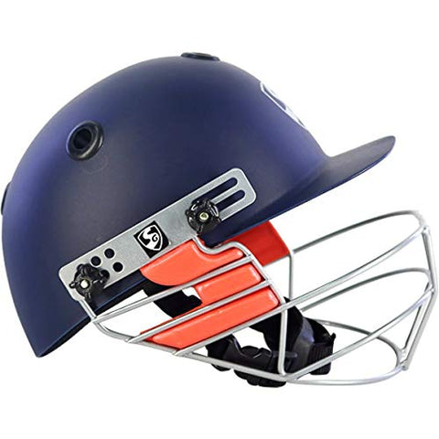 Image of SG Adult Foam, Polyurethane and Fabric Super Test RH Thigh Pad+SG Optipro Polypropylene Cricket Helmets, Medium, Navy Blue