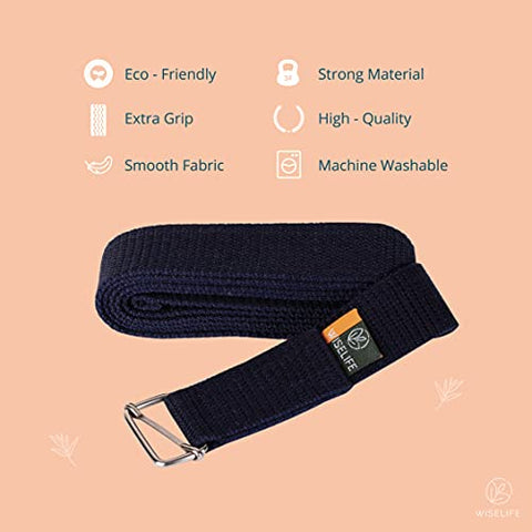 Image of WiseLife Yoga Stretch Belt/Strap - Navy Blue | Best for Daily Stretching, Yoga, Pilates, Physical Therapy, Fitness | 8 Feet Premium Cotton Strech Band