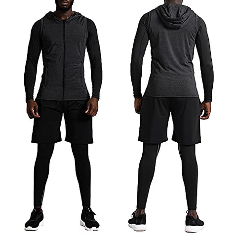 Image of BUYJYA 5Pcs Men's Compression Pants Shirt Top Long Sleeve Jacket Set Suit (WUXIU-Black, S)