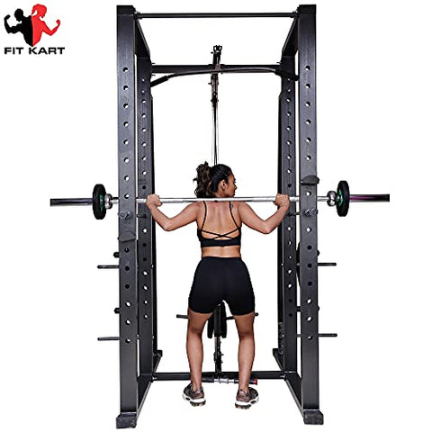 Image of FIT KART Power Squat Rack with Lats Pull Down & Ground Pulley Dips Setup for Home Gym, 4X2 Strong Pipe, Multicolour