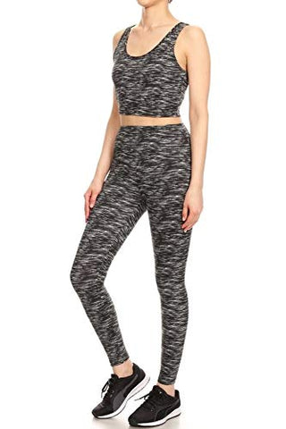 Image of Shosho Womens 2 Piece Activewear Sets Sports Tops and Yoga Bottoms Casual Outfits Criss Cross Crop Tank & High Rise Leggings Spacedye Black/White X-Large