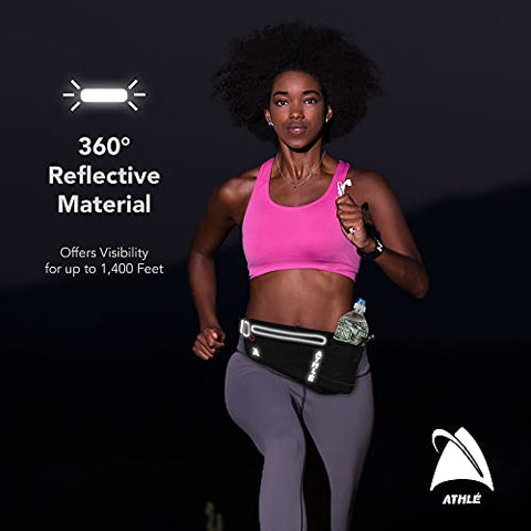 Image of Athlé Running Fanny Pack with Water Bottle Holder - Adjustable Run Belt Storage Pouch with Zipper Pocket for Sports and Travel – 360° Reflective Band – Fits iPhone Plus, Galaxy Note – Black/Silver
