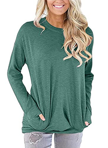 Image of ONLYSHE Women Casual Loose Crewneck Sweatshirt with Pockets Long Sleeve Pullover Top Shirts Green XXL