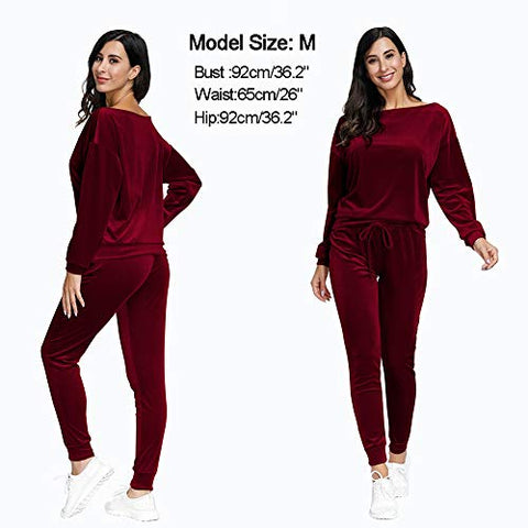 Image of VamJump Women Burgundy Velvet Off Shoulder Long Sleeve Sweat Suits Tracksuit, Medium
