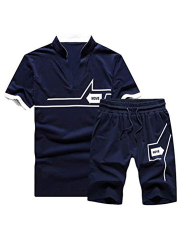 Image of Lavnis Men's Casual Tracksuit T-Shirts and Shorts Running Jogging Athletic Sports Set Blue L