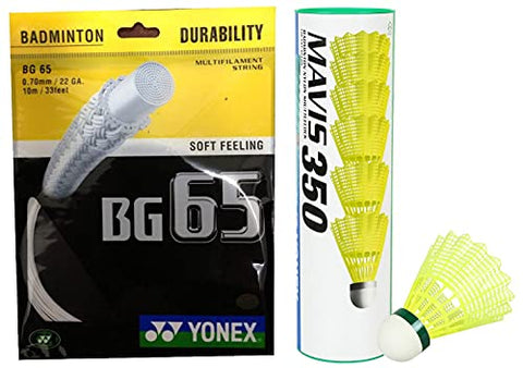 Image of Yonex BG 65 Nylon Badminton String, Senior 0.70mm (White)+Yonex Mavis 350 Green Cap Nylon Shuttlecock (Yellow)