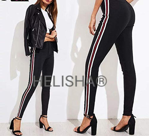 Image of HELISHA® Gym wear Leggings Ankle Length Free Size Combo Workout Trousers | Stretchable Striped Jeggings |Mid Waist Sports Fitness | Yoga Track Pants for Women & Girls (Pack of 2) (Black With White-Line+Black-With-Red-Line)