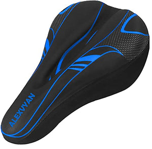 AlexVyan Soft Bicycle Silicone Gel Saddle Cover ( 11*7.5 Inch) Cycling Cushion Pad City Cycle Seat Cover Gym Cycle Gel Cover -Fits Narrow/Slim Seats (Black and Blue)