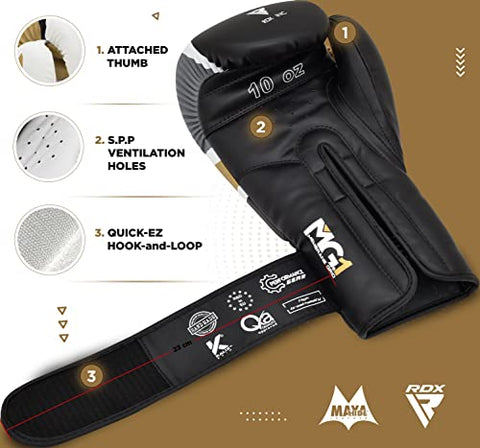 Image of RDX Boxing Gloves EGO, Sparring Muay Thai Kickboxing Pro Heavy Training, Maya Hide Leather, Ventilated Palm, Long Wrist Support, Punching Bag Pads Workout, MMA Gym Fitness, Men Women 8 10 12 14 16oz