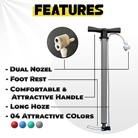 Image of Royal Waves Attractive Pump for Bicycle, car, Bike, Balls, etc, with Plastic Handle and Dual Nozzle for Air Inflation (Grey)
