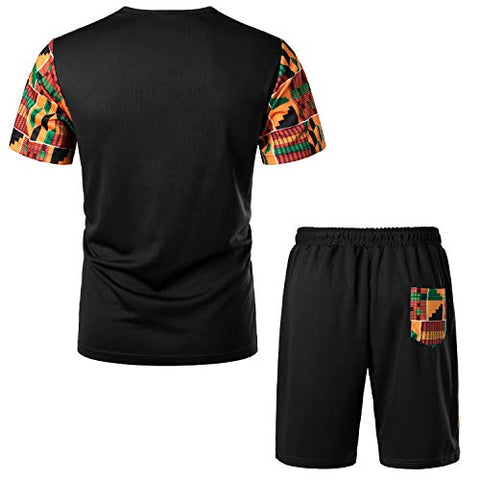 Image of LucMatton Men's African Kente Printed T-Shirt and Shorts Set Sports Mesh Tracksuit Dashiki OutfitsBlack Small