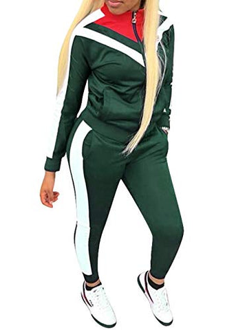 Image of VNVNE Womens Color Block Tracksuit 2 Piece Outfits, Casual Long Sleeve Full Zip Jacket and Pants Sport Set Sweatsuits (Green, S)