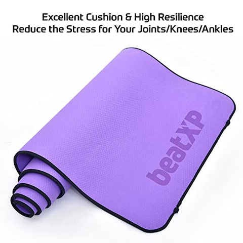 Image of beatXP Purple Color Yoga Asan Mat (6mm) With Black Edges & Carry Strap, Non Slip Extra Thick, High Resilience Exercise Mat For Meditation, Pilates, Stretching, Floor & Gym Fitness Workouts Ideal For Men and Women