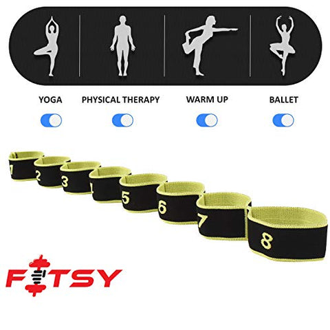 Image of FITSY Cotton Nylon Blended Elastic 8 Loops Stretching Strap for Yoga, Pilates, Exercise, Physical Therapy Home Fitness, Black