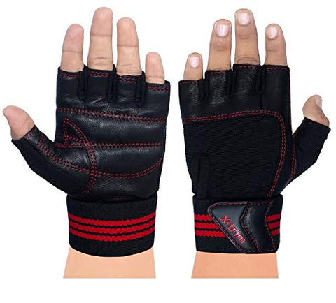 Image of X TRIM Macho Unisex Professional Weightlifting Gym Gloves with Wrist Wrap for Palm and Wrist Protection (Leather Grip, Black & Red)