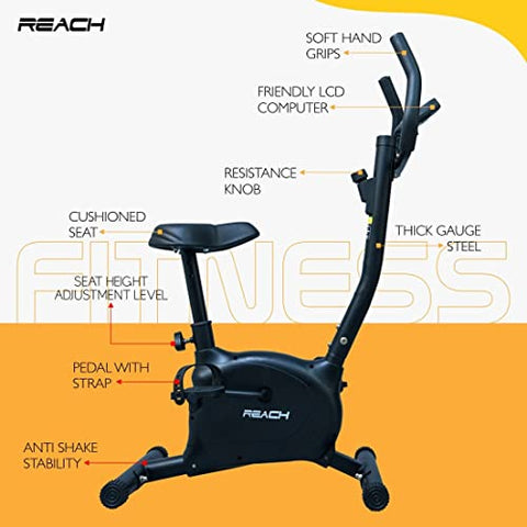 Image of Reach B-101 Stationary Upright Bike for Home Gym | Exercise Cycle with Adjustable Resistance and Height Adjusting Cushioned Seat | For Weight Loss & Indoor Cardio Fitness Full Body Workout for both Men & Women