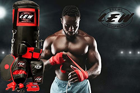 Image of LEW Punching Bag 10 Piece Boxing Set Filled with Heavy Bag Gloves Ceiling Hook Chains Hand Wraps Training Kickboxing Muay Thai MMA Punching Bags