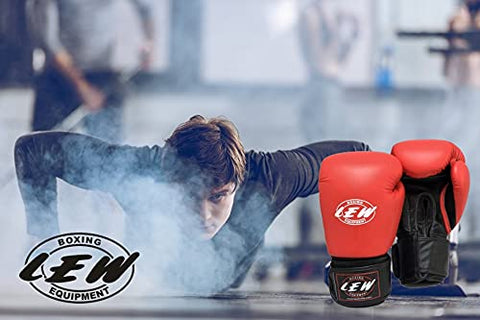 Image of LEW Red/Black Boxing Gloves for Training/ Muay Thai/Punching Bag/Sparring with a Pair of Hand Wraps (Red, 8 OZ)