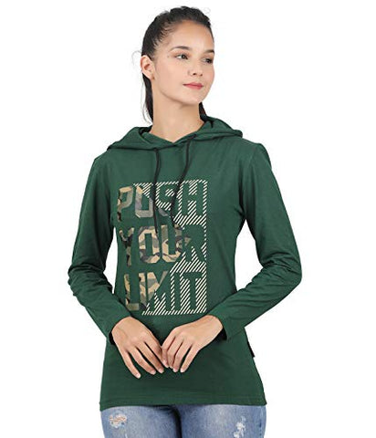Image of TEES PARK Women's Hooded Printed Full Sleeve Tshirt (Forest Green, X-Large)