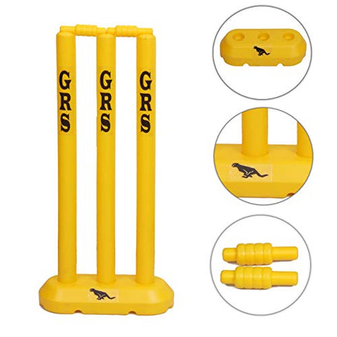 Image of GRS ® Kids Zone Hard Plastic Cricket Wickets Set for Kids for Age Group 3 to 10 Year (3 Piece Wickets, 2 Bails, Base , 24'' Wickets Length , YELLOW )
