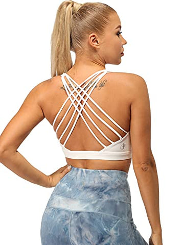 Image of icyzone Sports Bras for Women - Activewear Strappy Padded Workout Yoga Tops Bra Off White