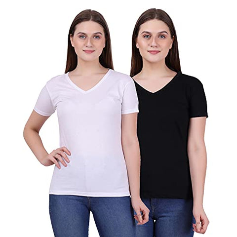 Image of FLEXIMAA Women's Cotton V Neck Plain Half Sleeve T-Shirt