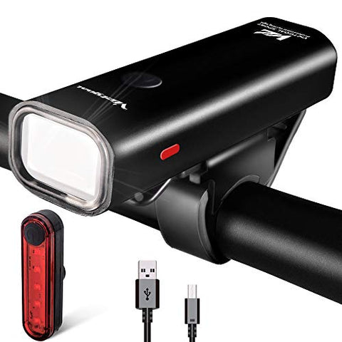 Image of VICTGOAL USB Rechargeable Bicycle Light Set 400 Lumen Super Bright Headlight Front Lights and Back Rear LED 4 Light Mode Road Cycling Safety Flashlight Runtime 4+ Hours (Black)