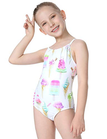 Image of Cadocado Big Girls Cute One Piece Swimsuit Beach Sport Scoop Neck Bathing Suit Swimwear, Ice Cream,7Y
