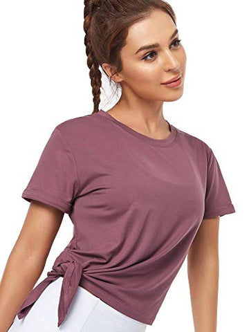 Image of Cootry Side Split Tunic Tops for Women Short Sleeve Loose Yoga Workout Shirt Sport Gym T-Shirts Casual Tie Knot Tees for Spring Summer Brick Red