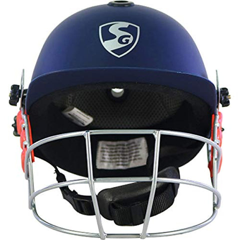 Image of SG Adult Foam, Polyurethane and Fabric Super Test RH Thigh Pad+SG Optipro Polypropylene Cricket Helmets, Medium, Navy Blue