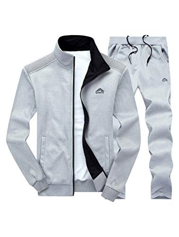 Image of PASOK Men's Casual Tracksuit Long Sleeve Full Zip Running Jogging Sweatsuit Athletic Sports Set Light Gray S