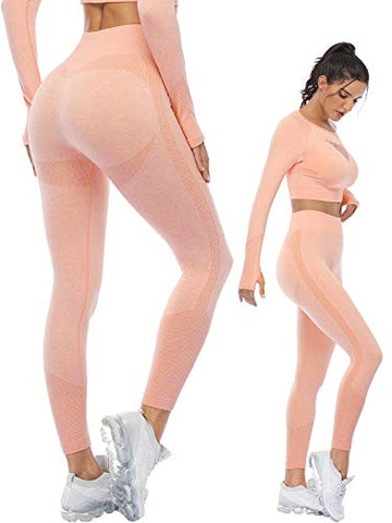 Image of Seamless Workout Sets for Women 2 Piece Long Sleeve Crop Tops and High Waisted Leggings for Women Tracksuit Set (8003L-Vibrant Orange)