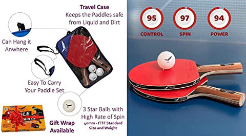Image of Rivon Table Tennis Paddle - Ping Pong Racket Set - 2 Paddles with 3 Balls and Travel Case - ITTF Approved Rubber - Endorsed by Celebrity Player