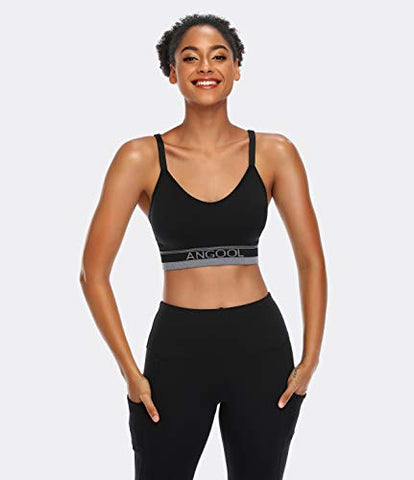 Image of ANGOOL Women's Strappy Sports Bra with Adjustable Straps - Medium Support Longline Wirefree Activewear Bra,3 Pack,Black+Grey+Red,Medium
