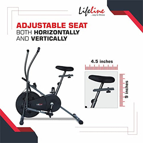 Image of Lifeline Fitness LE-103 Air Bike Exercise Indoor Cycle with Moving and Stationary Handles for Home Gym Workout with Vertically and Horizontally Adjustable Seat, Adjustable Resistance, LCD Display for Weight Loss at Home