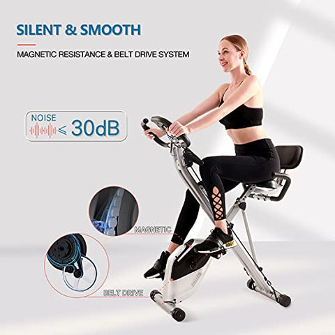Image of Davcreator Foldable Fitness Exercise Bike, Magnetic Slim Cycle 2-in-1 Recumbent & Upright Stationary Bike with Arm Workout for Home