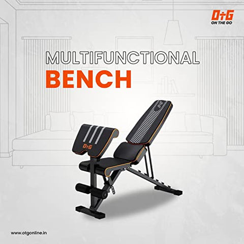 Image of OtG ON THE GO 6 in 1 Multi-Functional Weight Strength Training Foldable Incline Decline Exercise Preacher Bench for Home Gym (Black, Orange) - Max Weight Capacity: 300 Kg