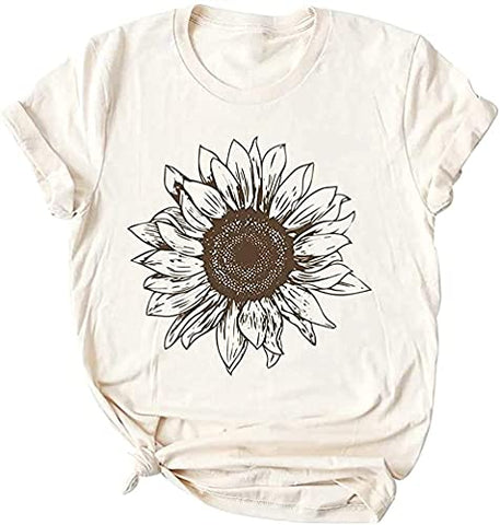 Image of Chulianyouhuo Sunflower Graphic Shirt for Women Cute Flower Short Sleeve Casual Tee Tops Beige