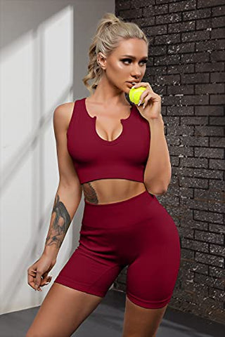 Image of FAFOFA Active Wear Outfits for Women 2 Piece Sets Athletic Seamless Leggings and Ribbed Sport Bra Sets Wine M