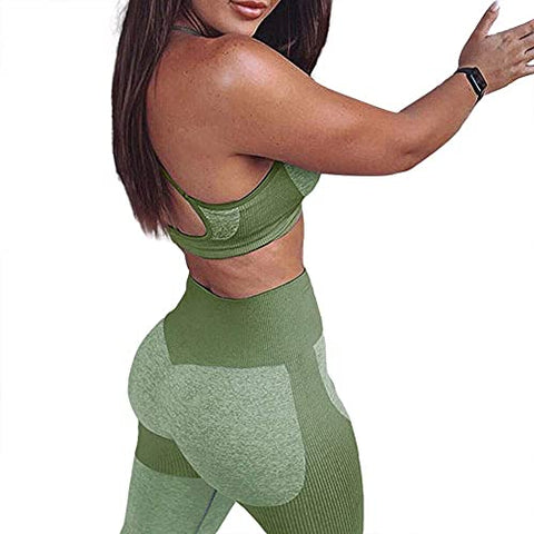 Image of TAKIYA Women's 2 Piece Yoga Workout Outfit Sports Bra High Waist Seamless Leggings Tracksuits Cross Back Tank Top Light Green L