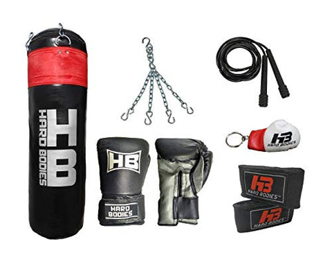 Image of HB Hard Bodies Combo 10-A Synthetic Leather Black Punching Bag, Filled, Boxing Gloves, Heavy Chain