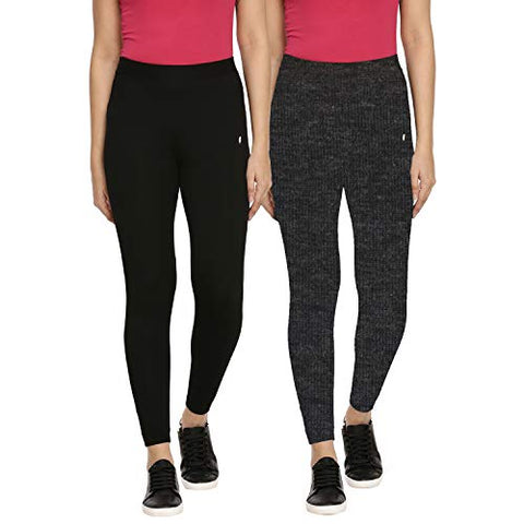 Image of Feather Feel® Skinny Fit Yoga Gym Wear Dance Workout and Active Sports Fitness Back Pocket Leggings Tights Combo for Women|Girls-Black and Dark Grey Melange-(Large)
