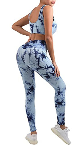 Image of OLCHEE Women's 2 Piece Workout Outfits - Seamless Tie-dye Leggings and Sports Bra Yoga Activewear Set - Blue Size XL