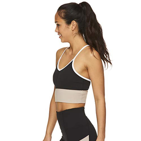 Image of Gaiam Women's Strappy Wireless Bralette - Medium Impact Longline Racerback Workout & Yoga Sports Bra - Black (Tap Shoe) Athena Colorblock, Medium